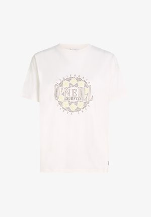 Valge puuvillane T-särk ümmarguse logograafikaga kollase ja halli värviga, millel on tekst "O'NEILL SURF CO" ja geomeetrilised mustrid. Lühikesed varrukad.