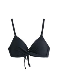 Top bikini triangolare nero con spalline regolabili, caratterizzato da un dettaglio anteriore annodato e una texture liscia. Progettato per comfort e vestibilità.