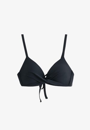 Top bikini triangolare nero con spalline regolabili, caratterizzato da un dettaglio anteriore annodato e una texture liscia. Progettato per comfort e vestibilità.