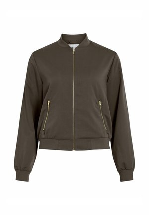 Brązowa kurtka bomberka z prążkowanym kołnierzem i mankietami, wyposażona w przedni zamek błyskawiczny oraz dwie boczne kieszenie z złotymi elementami ozdobnymi.