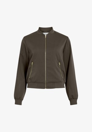 Brązowa kurtka bomberka z prążkowanym kołnierzem i mankietami, wyposażona w przedni zamek błyskawiczny oraz dwie boczne kieszenie z złotymi elementami ozdobnymi.