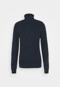 Un pull col roulé en tricot bleu foncé avec des manches longues et un motif texturé, présenté sur un fond blanc.