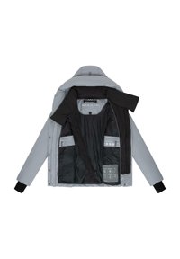 Veste isolante grise avec une couche intérieure noire amovible, dotée de boutons-pression et de poches intérieures avec des icônes d'entretien.