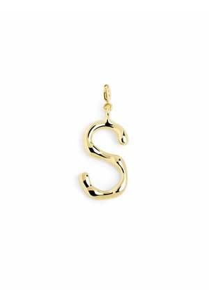 Ciondolo a forma di "S" in oro con una superficie liscia e lucida, caratterizzato da un design fluido e curvo e da una chiusura sicura per il fissaggio.