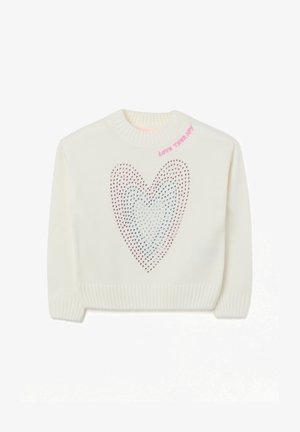Maglione bianco lavorato a maglia con un design a cuore realizzato con fori in tonalità di rosa e blu, con "LOVE THERAPY" ricamato in rosa al colletto.