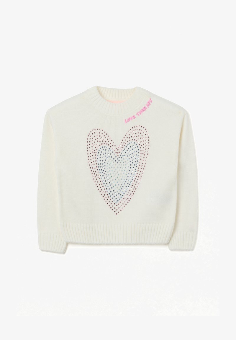 White knitted sweater featuring a heart design made of holes in shades of pink and blue, with "LOVE THERAPY" stitched in pink at the collar.