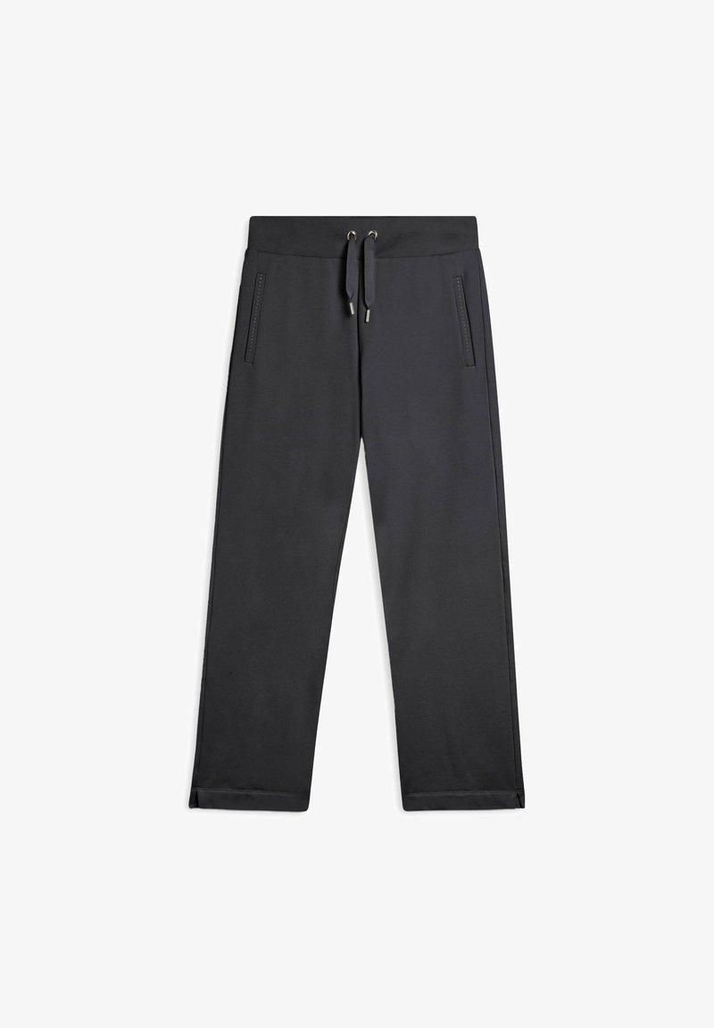 Pantaloni sportivi neri con vita regolabile, due tasche laterali e una texture liscia. Presentano cuciture di accentuazione sottili lungo le tasche.