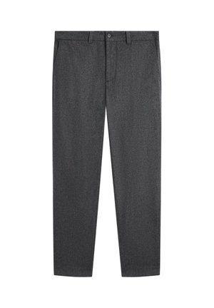 Men's straight-leg trousers in dark gray fabric, featuring a smooth texture, belt loops, front pockets, and a single button closure.