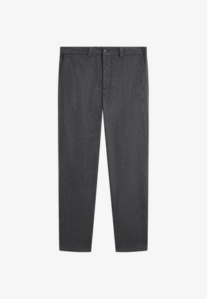 Men's straight-leg trousers in dark gray fabric, featuring a smooth texture, belt loops, front pockets, and a single button closure.