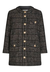 Karierter Wollmischmantel in Schwarz und Beige mit rundem Kragen, sechs goldenen Knöpfen, zwei Fronttaschen und geradem Schnitt.
