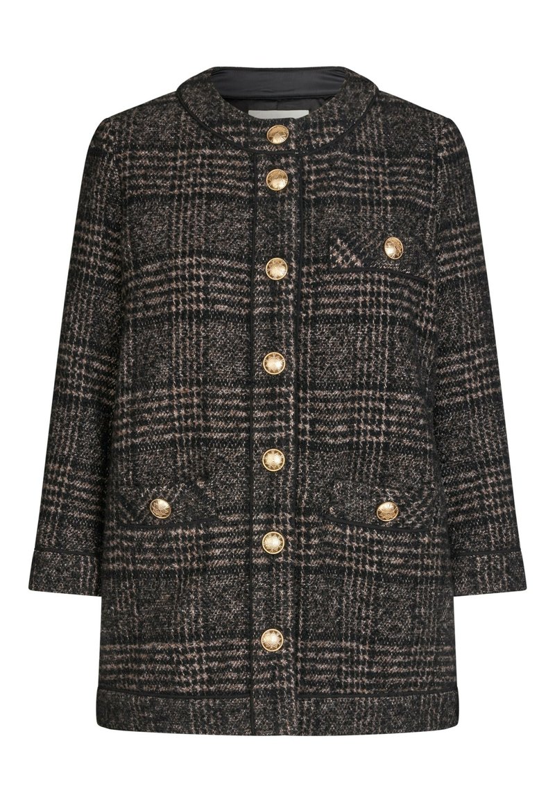 Cappotto in misto lana a quadri in nero e beige, con collo rotondo, sei bottoni dorati, due tasche frontali e taglio dritto.