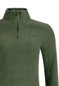 Oliven grøn fleecepullover med kvart-zip og høj krave, med vertikale og bryst "protest" logoer.