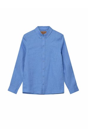 Šviesiai mėlynas ilgomis rankovėmis palaidinė su sagomis, apykakle ir sagomis užsegamais rankogaliais, išdėliota ant baltos fono.