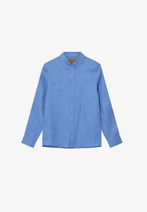 Vaaleansininen pitkähihainen kauluksellinen nappipaita, jossa on napilliset kalvosimet, asetettuna tasaisesti valkoiselle taustalle.