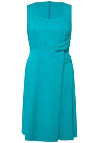 Vestito senza maniche turchese con scollatura arrotondata, dettaglio con nodo laterale e chiusura con zip sul retro; tessuto liscio e leggero.