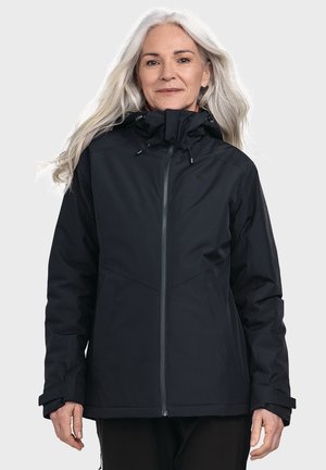 Black waterproof jacket with a zip front, adjustable hood, and elastic cuffs. Features a subtle logo and a streamlined design with pockets.