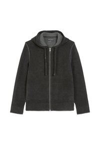 Donkergrijze zip-up hoodie met een gladde textuur, een ruime capuchon en een contrasterende binnenvoering. Beschikt over ribgebreide manchetten en een ribgebreide onderkant.