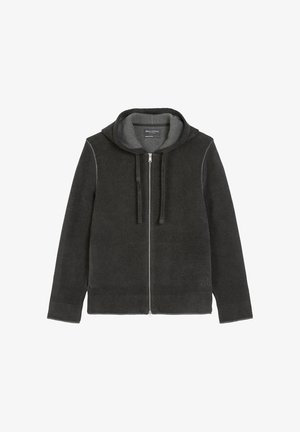 Dunkelgrauer Reißverschluss-Hoodie mit glatter Textur, geräumiger Kapuze und kontrastierender Innenauskleidung. Verfügt über gerippte Bündchen und Saum.