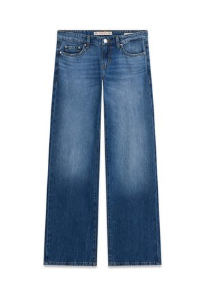 Jeans blu a gamba larga in denim con cinque tasche, chiusura con bottone e leggero scolorimento sulla parte anteriore delle cosce, con etichetta GUESS nella cintura interna.