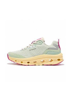 Zapatilla deportiva verde claro con suela gruesa amarilla, detalles rosas, parte superior de malla, puntera perforada y el logotipo "D.Franklin" en el lateral.