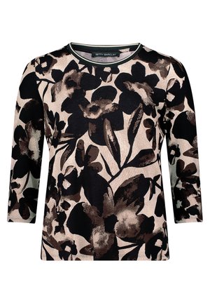 Bloemen longsleeve top met grote zwarte en bruine bloemen op een lichte achtergrond. Ronde hals met een contrasterende rand. Zachte stoftextuur.