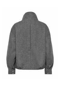 Veste gris en mélange de laine avec col montant, manches longues, poignets boutonnés et une couture droite dans le dos.