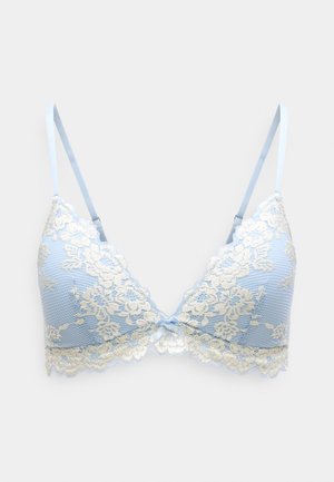 Ανοιχτό μπλε δαντελένιο σουτιέν bralette με floral μοτίβο, κυματιστές άκρες και λεπτές τιράντες. Διαθέτει μικρό σατέν φιόγκο στο κέντρο.