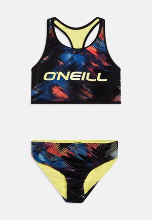 Zwart zwem bikini set met een kleurrijke abstracte print in blauw, rood en geel. Racerback ontwerp voor het topje, met bijpassende broekjes.