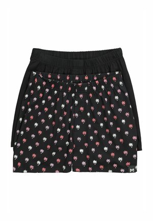 Dwie pary czarnych szortów z elastycznym pasem, jedna jednolita czarna, a druga z różowo-białym wzorem palm.