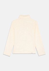 Pullover a maniche lunghe di colore crema in fleece con motivi floreali astratti in rilievo e collo alto, mostrato da dietro.