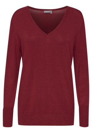 Burgundský sveter s V-výstrihom a dlhými rukávmi, s rebrovanými manžetami a jemným, textúrovaným povrchom. Disponuje jemným leskom na leme a manžetách.