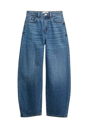 Blauwe denim jeans met een hoge taille, sluiting met knoop en rits, voor- en achterzakken, en een ontspannen rechte pijp.