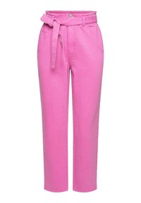 Pantaloni rosa a vita alta in cotone. Presentano una cintura annodata, due tasche frontali e una silhouette rilassata con gamba dritta.