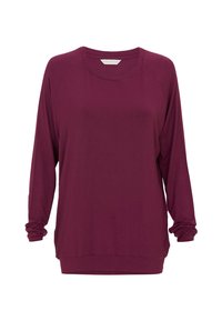 Bordeaux langärmige top met een ronde halslijn en raglanmouwen. Heeft een relaxte pasvorm en een zachte textuur. Geen zichtbare patronen of hardware.