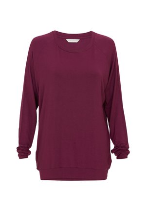 Bordeaux langärmige top met een ronde halslijn en raglanmouwen. Heeft een relaxte pasvorm en een zachte textuur. Geen zichtbare patronen of hardware.