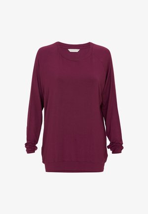 Bordeaux langärmige top met een ronde halslijn en raglanmouwen. Heeft een relaxte pasvorm en een zachte textuur. Geen zichtbare patronen of hardware.
