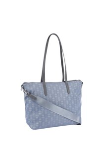 Borsa a mano azzurro chiaro con motivo floreale, due manici grigi e una tracolla regolabile grigia su uno sfondo bianco.