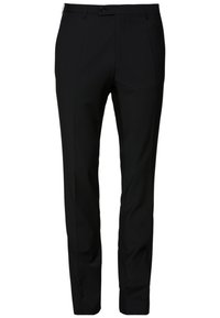 Schwarze maßgeschneiderte Hose aus feinem Stoff, mit geradem Schnitt, flachem Bund und seitlichen Taschen. Keine sichtbaren Muster oder Verzierungen.