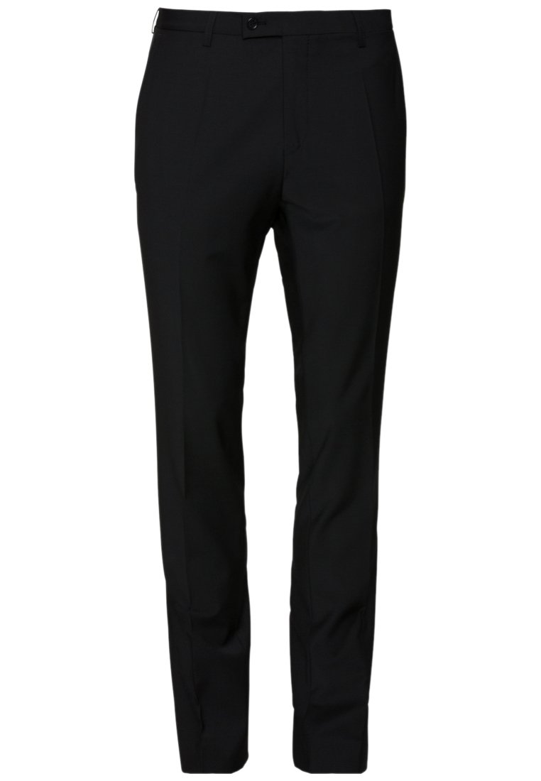 Schwarze maßgeschneiderte Hose aus feinem Stoff, mit geradem Schnitt, flachem Bund und seitlichen Taschen. Keine sichtbaren Muster oder Verzierungen.