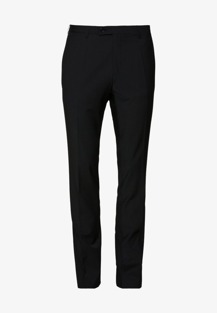 Schwarze maßgeschneiderte Hose aus feinem Stoff, mit geradem Schnitt, flachem Bund und seitlichen Taschen. Keine sichtbaren Muster oder Verzierungen.