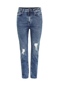 Blue denim jeans with a high waist, featuring a relaxed fit, distressed areas, and five pockets. The fabric has a smooth texture.
