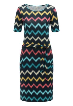 Svart kjole til kneet med flerfarget sikksakkmønster, korte ermer, rund hals, sidelommer med knapper og et matchende belte med knyting.