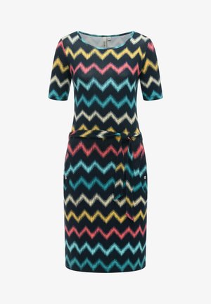 Sort knælængde kjole med flerfarvet zigzagmønster, korte ærmer, rund halsudskæring, sidelommer med knapper og tilhørende bindebælte.