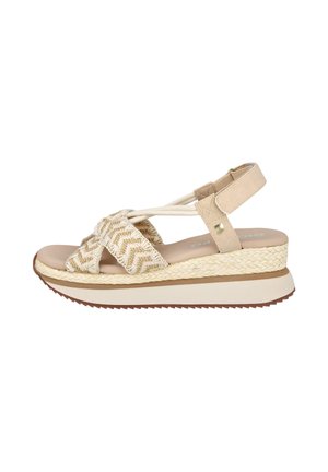 Sandalia de cuña beige con suela de esparto trenzada, tiras de tela con patrón de espiga, correa ajustable en el tobillo y suela de goma.