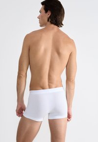 Weiße Baumwoll-Boxershorts mit elastischem Bund, figurbetontem Design, von hinten an einem männlichen Model vor einem schlichten Hintergrund gezeigt.