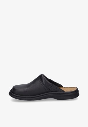 Black leather slip-on shoe with a rounded toe, stitched accents, and a rubber sole. Smooth texture and casual design.