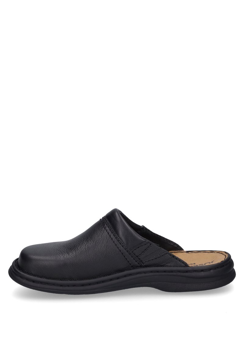 Black leather slip-on shoe with a rounded toe, stitched accents, and a rubber sole. Smooth texture and casual design.