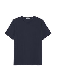 Marineblaue Baumwoll-T-Shirt mit kurzen Ärmeln, Rundhalsausschnitt und geradem Schnitt. Glatte Textur, keine sichtbaren Muster oder Akzente.