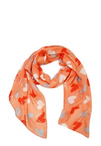 Lichtgewicht oranje sjaal met abstracte hartpatronen in rood, lichtgrijs en wit, met subtiele metallic accenten en een zachte textuur.