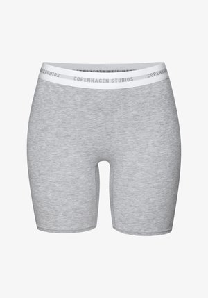 Pelēki kokvilnas stiepjami šorti ar baltu elastīgu jostu, kurā ar pelēku krāsu ir uzraksts "COPENHAGEN STUDIOS". Gluda tekstūra, pieguļošs dizains.
